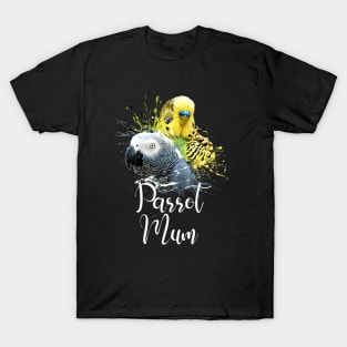 Parrot Mom Color Splatter Budgie and Grey Parrot Black T-Shirt